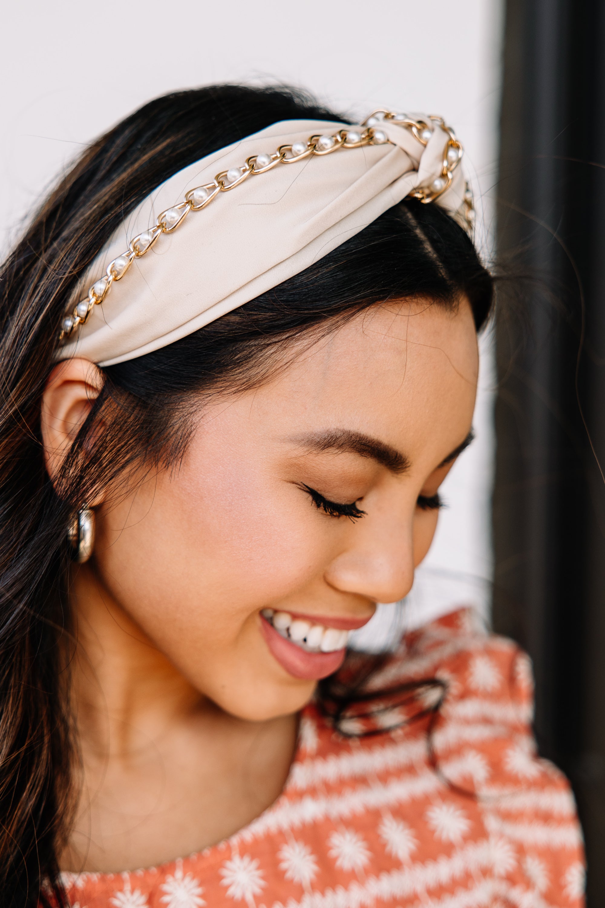 Bring The Drama Ivory White Chain Pearl Headband