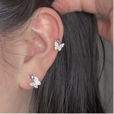S925 Silver Needle Ear Needle Full Diamond Small Butterfly Earrings Female No Ear Hole Ear Clip Fairy Personality Earbone Clip