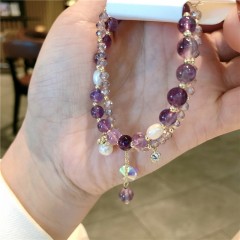 Sweet Girl Purple Crystal Pearl Double Layer Hand Chain South Korea East Gate Personality Lucky Cat Bracelet Girl
