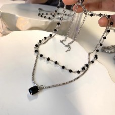 Black Crystal Gem Double Layer Layered Fine Necklace For Women In Summer, Insignia, Cool Style Collar Chain Decoration Neckchain Fashion
