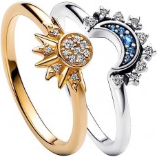 European And American New Jewelry Simple Shiny Sun Blue Diamond Moon Women's Two Piece Ring Set For Girlfriend